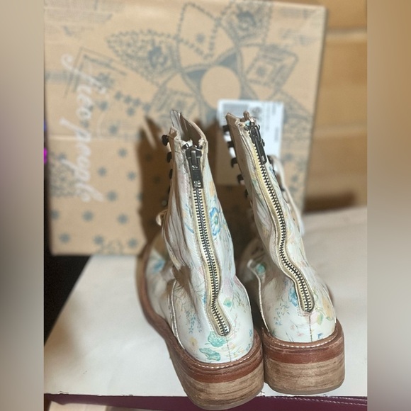 Free People Leather  Floral Lace-Up Boots - Cream and Blue - Picture 3 of 8